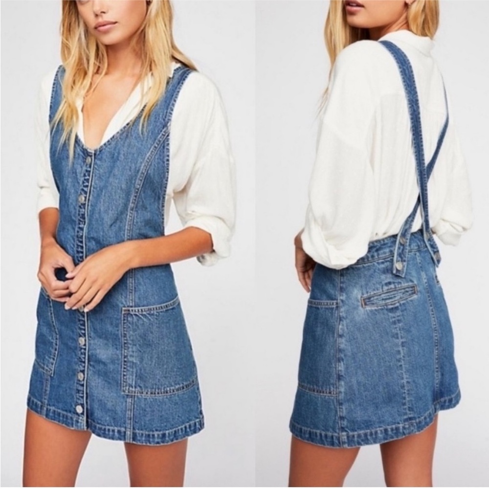Free People Blue Denim Overalls Skirt Jean Jumper Dress